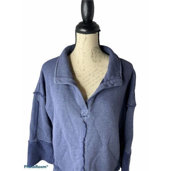 Soft Surroundings Sz M French Terry Snap Front Pull Over Sweatshirt Tunic Blue - Picture 2 of 8